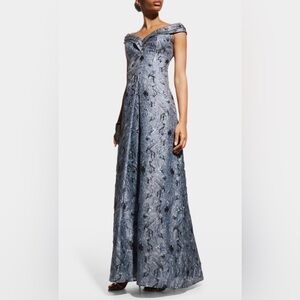Rickie Freeman For Teri Jon Off Shoulder Pleated Metallic Jacquard Gown Dress 6